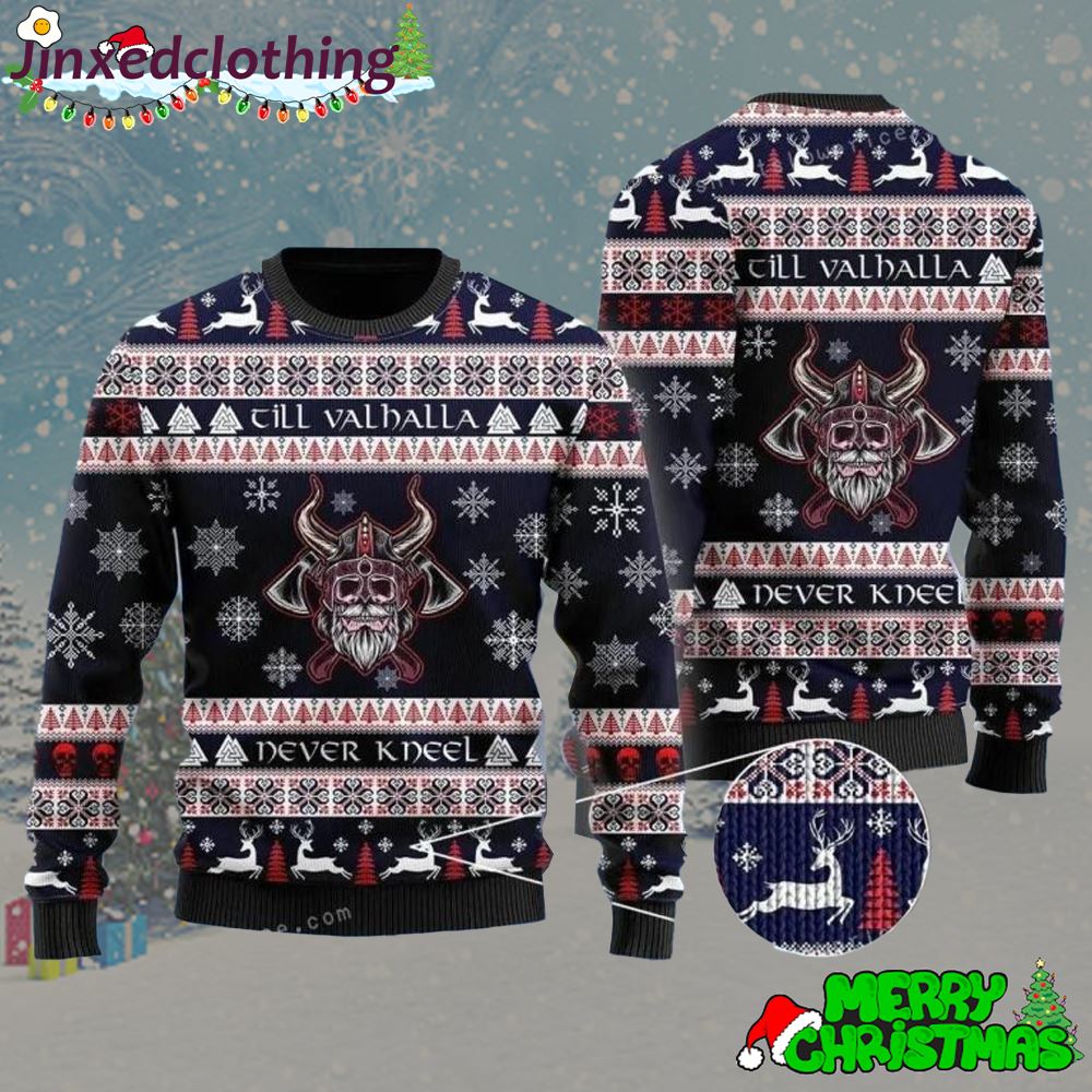 Viking Till Valhalla Never Kneel Ugly Sweater Christmas Party 